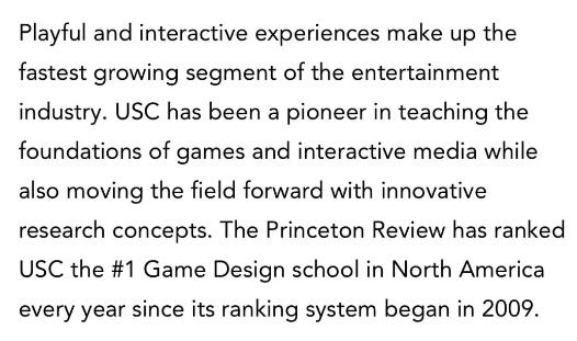 南加州大学的游戏设计专业列为北美第一